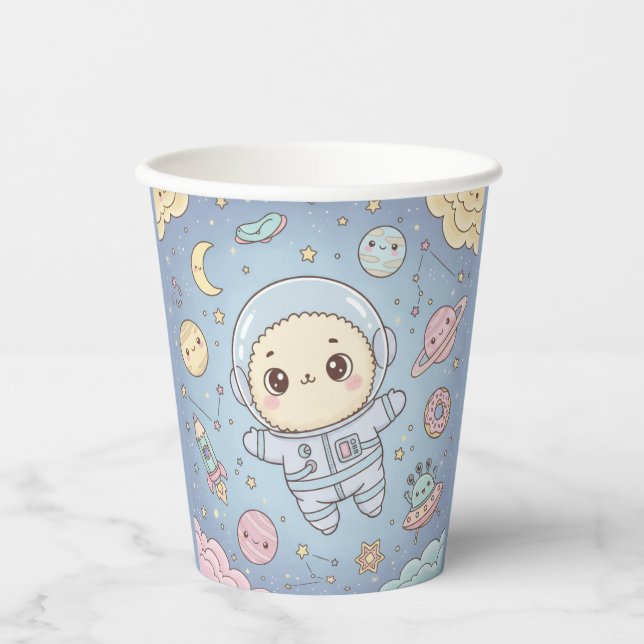 Vasos De Papel Dulce Kawaii Espacio - Astronauta y Luna Sonriente (Anverso)