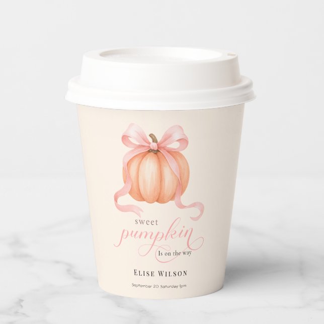 Vasos De Papel Dulce La pequeña calabaza rosa arco está en camino (Anverso)