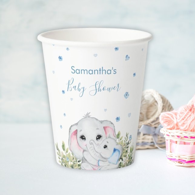 Vasos De Papel Dulce mami azul bebé elefante Baby Shower floral (Subido por el creador)