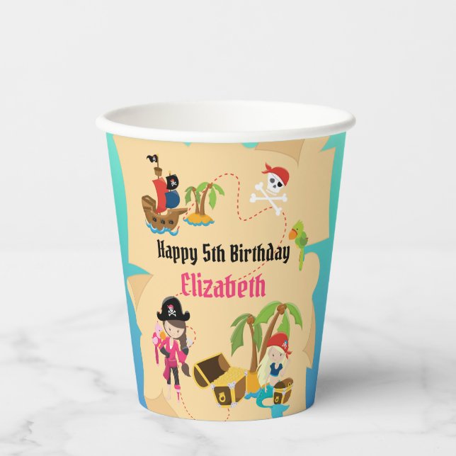 Vasos De Papel Dulce Mapa del Tesoro Cumpleaños de Niña Pirata Ro (Anverso)