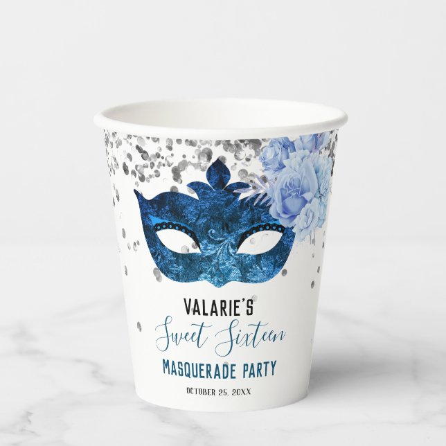 Vasos De Papel Dulce mascarada azul Dieciséis Fiestas (Anverso)