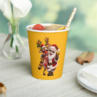 Vasos De Papel Dulce Papá Noel y Ciervo Navidad FiestaNavideña