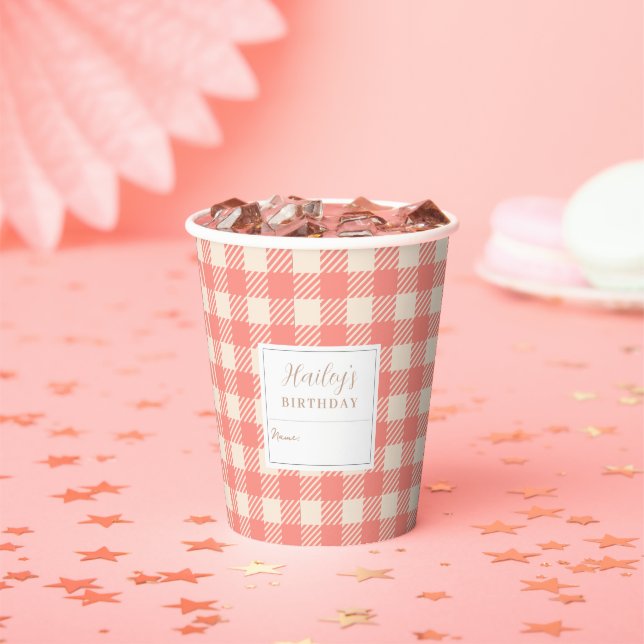 Vasos De Papel Dulce rosa rosa pastel de guisante de gingham (in situ)