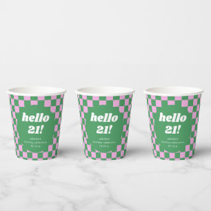 Vasos De Papel Dulce tablero de ajedrez rosa verde Cumpleaños 21 
