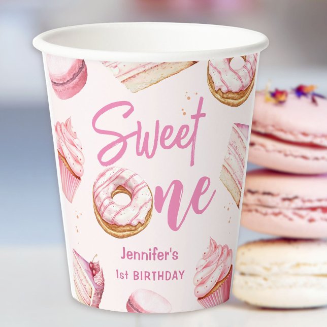 Vasos De Papel Dulce un Chica de donuts rosados Primer Fiesta de  (Subido por el creador)