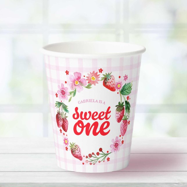 Vasos De Papel Dulce Una Fresa Primer Cumpleaños Pink Plaid (Sweet One Strawberry First Birthday Pink Plaid Paper Cups)