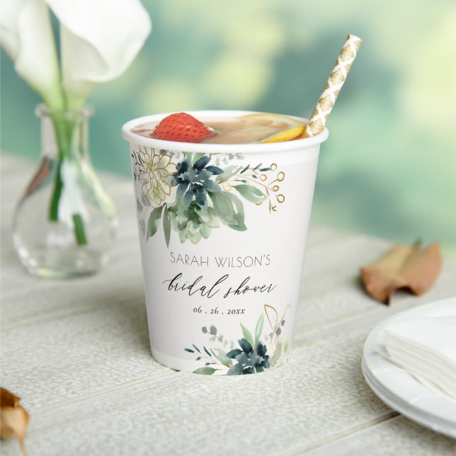 Vasos De Papel Dusky Blue Green Suculage Foliage Bridal Shower (in situ)