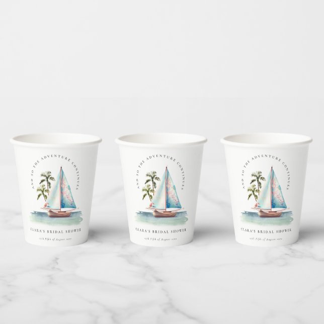 Vasos De Papel Dusky Verde azulado Sailboat Palm Seascape Bridal  (Multi)