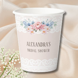 Vasos De Papel Duste rosa Floral azul Vintage Lace Bridal Shower