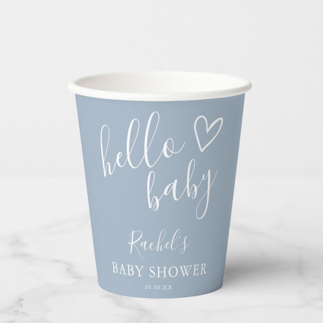 Vasos De Papel Dusty Blue Cute Heart Baby Boy Hola Baby Shower (Anverso)