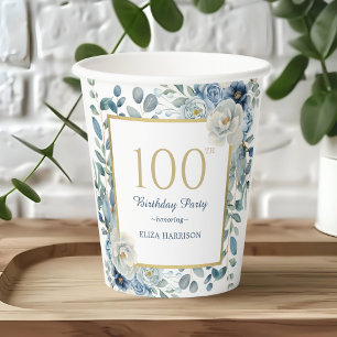 Vasos De Papel Dusty Blue Floral 100.ª taza de papel de cumpleaño