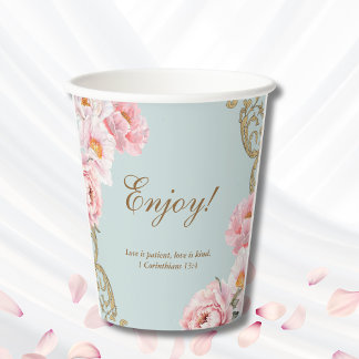 Vasos De Papel Dusty Blue Foral Peony Christian Bridal Shower