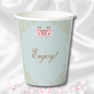 Vasos De Papel Dusty Blue Foral Peony Vintage Bridal Shower