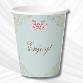 Vasos De Papel Dusty Blue Foral Rococo Peony Baby Shower