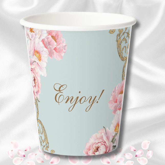 Vasos De Papel Dusty Blue Foral Rococo Peony Shower (Subido por el creador)
