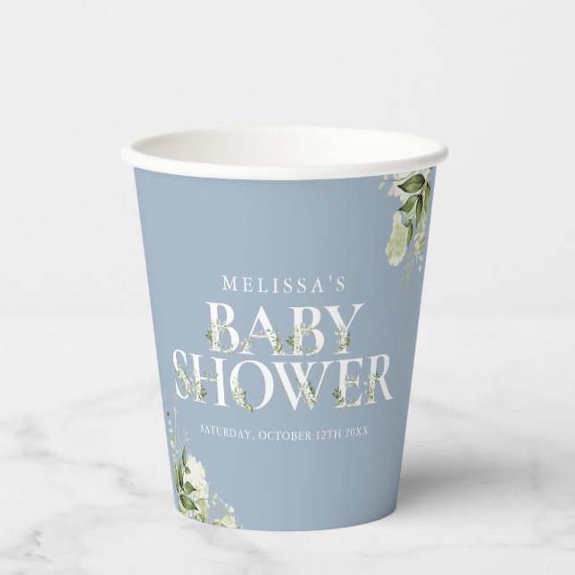 Vasos De Papel Dusty Blue Greenery Boy Baby Shower (Anverso)