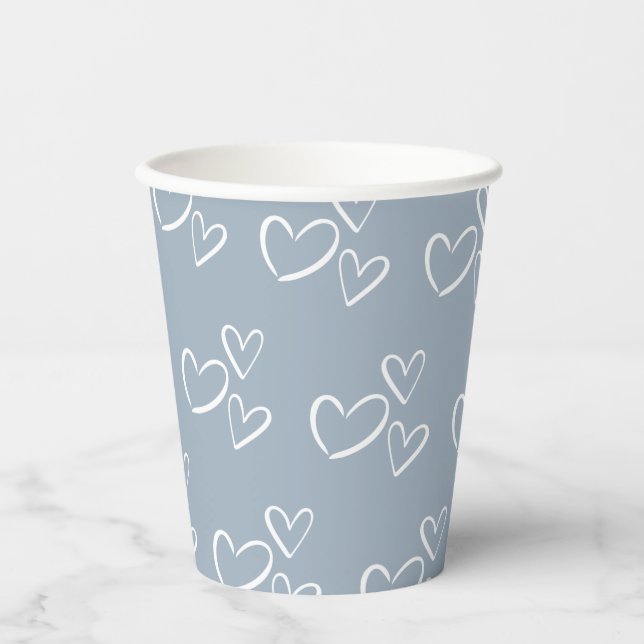 Vasos De Papel Dusty Blue Handdraw Hearts Baby Shower (Anverso)