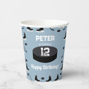 Vasos De Papel Dusty Blue Ice Hockey Stick, Skate Puck Cumpleaños