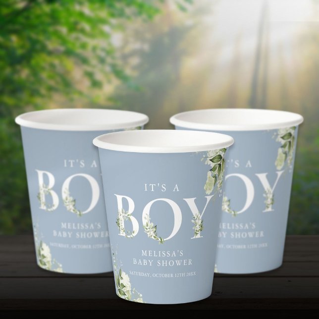 Vasos De Papel Dusty Blue It A Boy Greenereneration Letter Baby S (Dusty Blue Its A Boy Greenery Letter Baby Shower Paper Cups)