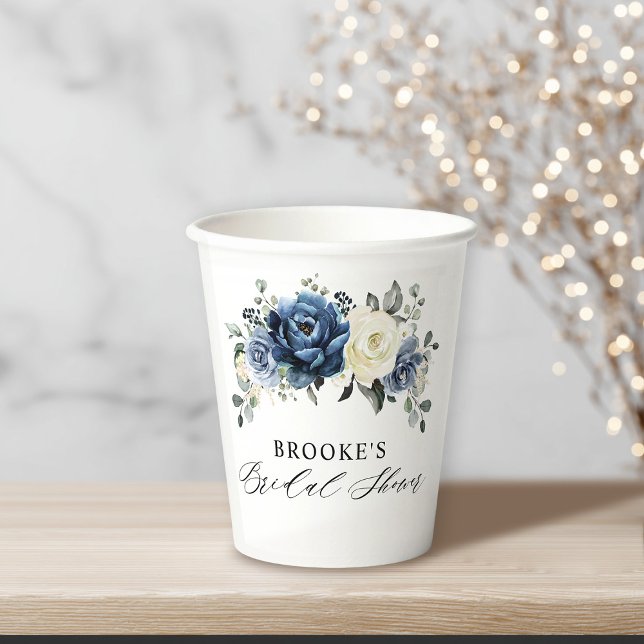 Vasos De Papel Dusty Blue Navy Champagne ducha marfil-novia (Dusty Blue Navy Champagne Ivory Bridal Shower Paper Cups)