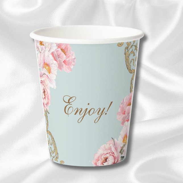 Vasos De Papel Dusty Blue Peony Rococo Floral Baby Shower (Subido por el creador)