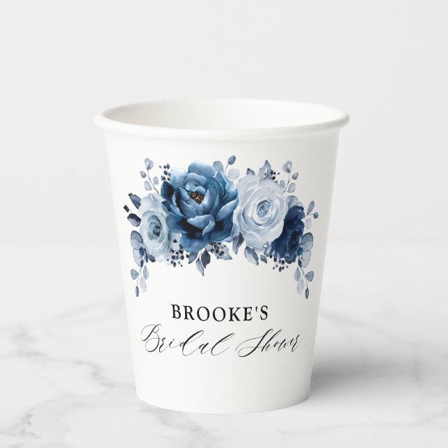Vasos De Papel Dusty Blue Slate Navy Botanal Bridal Shower (Anverso)