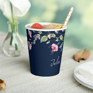 Vasos De Papel Dusty Navy Blue Pink Hibiscus Bloom Shower