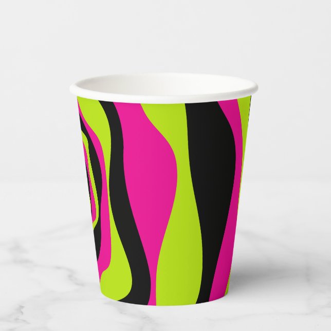 Vasos De Papel Ebb y Flow 4 en verde limón, rosa caliente y negro (Anverso)