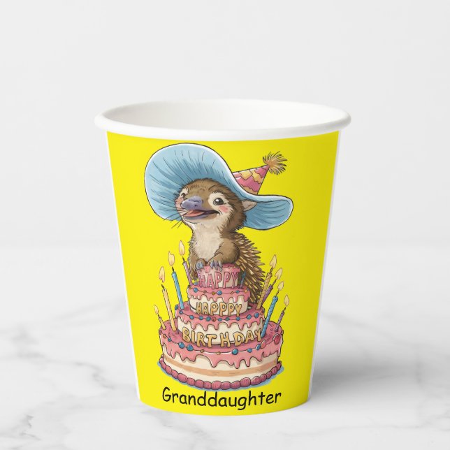 Vasos De Papel Echidna de pico corto en tarta de cumpleaños (Anverso)