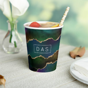Vasos De Papel Edgy Agate   Monograma Verde azulado del tono de l