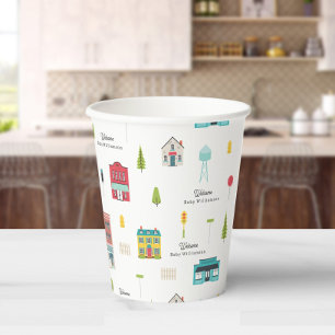 Vasos De Papel Edificios de vecindad Patrón de bienvenida Baby Sh