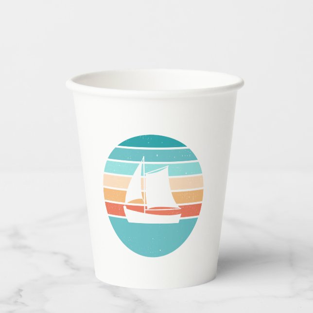 Vasos De Papel Efecto perturbador retro del atardecer + velero (Anverso)