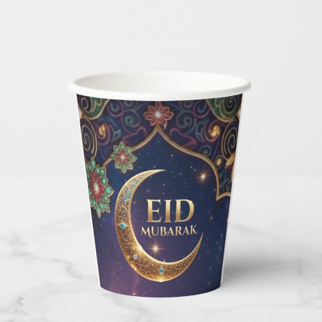 Vasos De Papel Eid Mubarak Islamic celebration Gold And navy (Anverso)