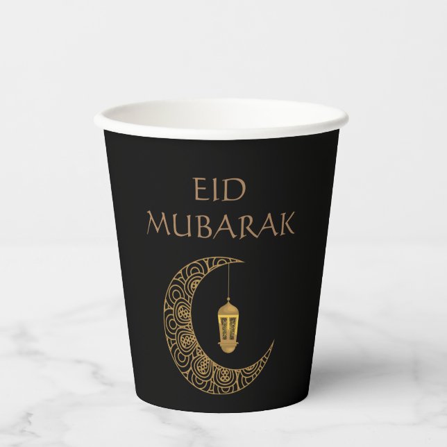 Vasos De Papel Eid Mubarak personalizado Crescent decorado negro (Anverso)
