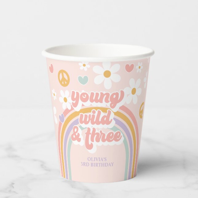 Vasos De Papel El arco iris retro joven silvestre tres cumpleaños (Anverso)