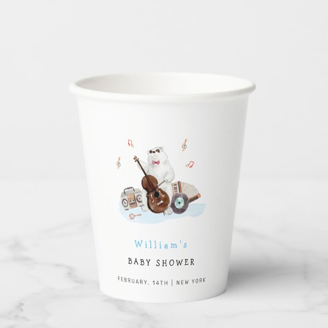 Vasos De Papel El músico de corte Polar Bear Baby Shower (Anverso)