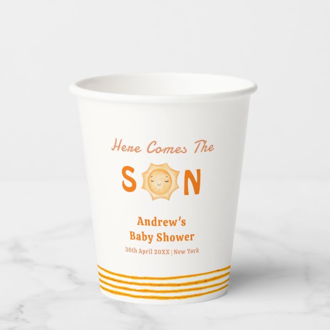 Vasos De Papel El naranja Cute Aquí Viene El Baby Shower Del Hijo (Anverso)