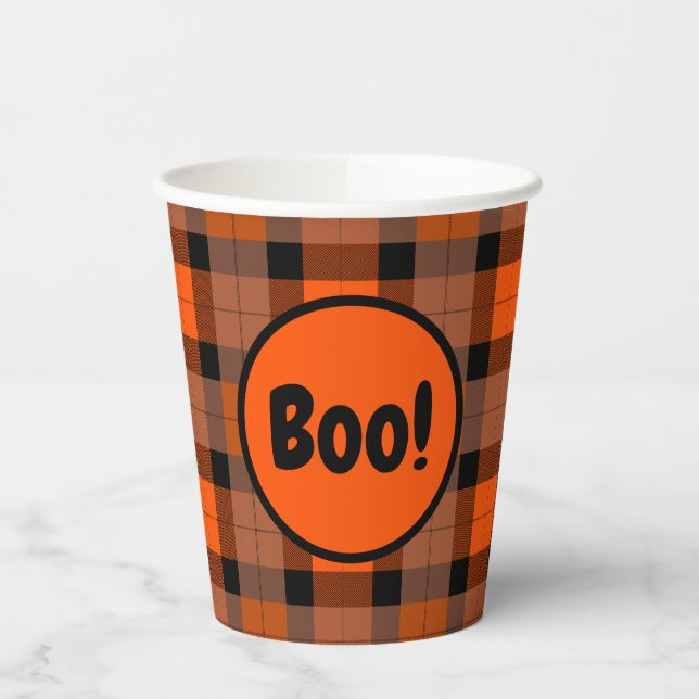 Vasos De Papel ¡El Naranja negro de Halloween Plaid Boo! (Izquierda)
