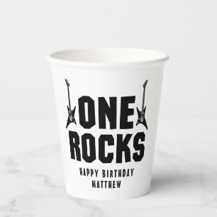 Vasos De Papel El negro y blanco del niño roca el primer cumpleañ