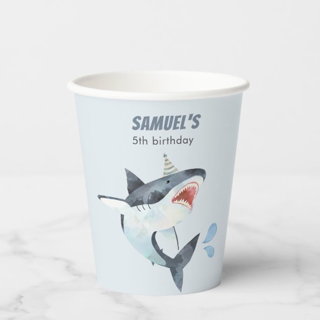 Vasos De Papel El niño de la fiesta de cumpleaños del tiburón baj (Anverso)