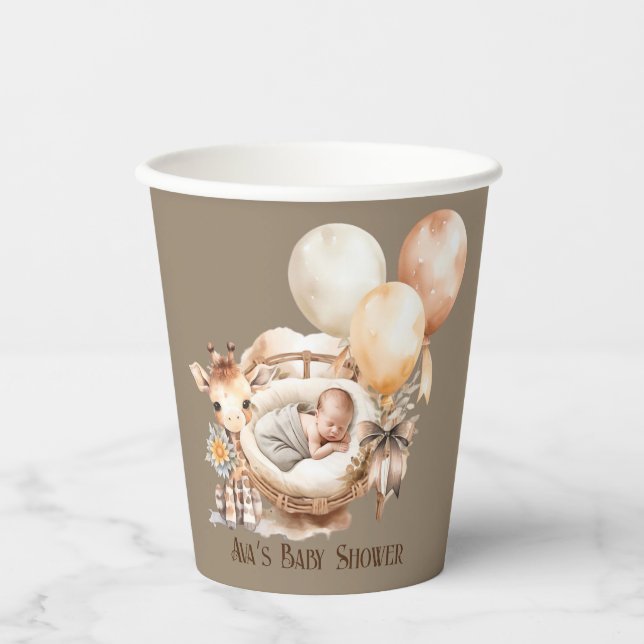 Vasos De Papel El recién nacido Tono de la Tierra Giraffe Globos  (Anverso)