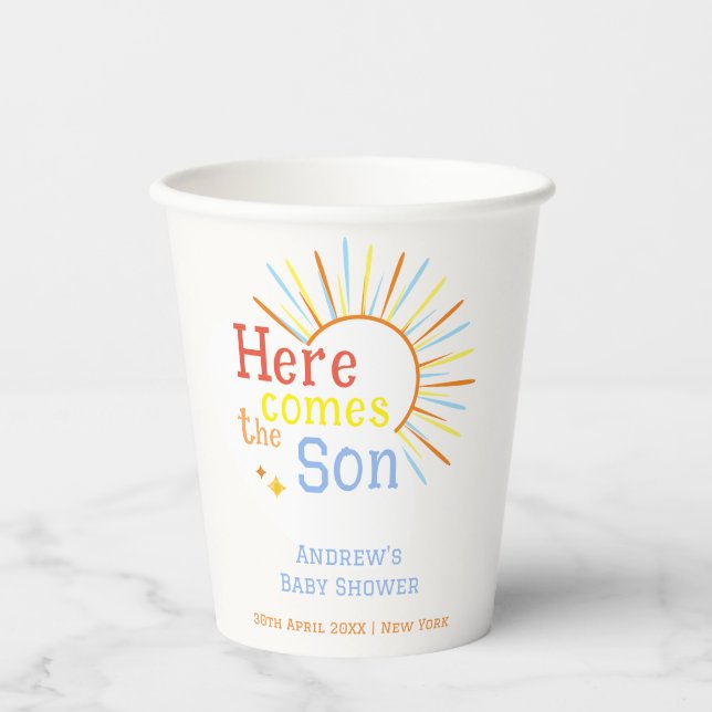 Vasos De Papel El Sol Retro Aquí Viene El Baby Shower Del Hijo (Anverso)
