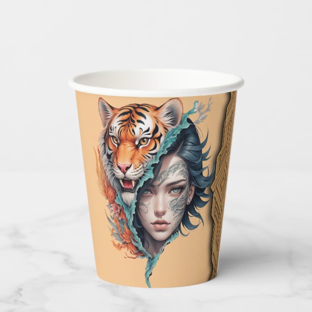 Vasos De Papel El tigre y la mujer, fuerza y gracia. (Reverso )