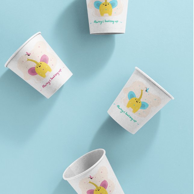 Vasos De Papel Elefante lindo con siempre buscando texto (Cute Elephant With Always Looking Up Text Paper Cups)