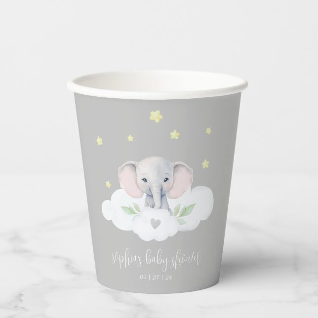 Vasos De Papel Elefante neutral de género Baby Shower de cacahuet (Anverso)