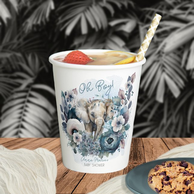 Vasos De Papel Elefante Oh Boy Blue Floral Baby Shower (Subido por el creador)