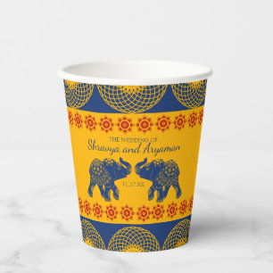 Vasos De Papel Elefantes con temática india en Boda azul real