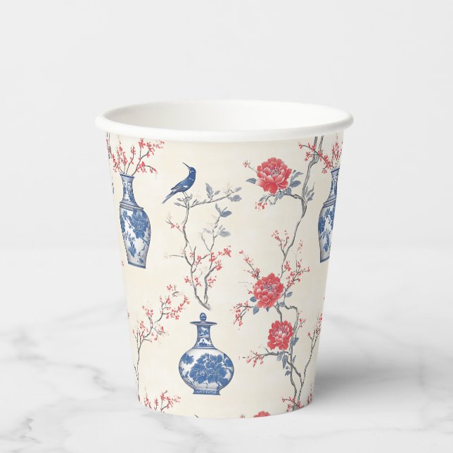 Vasos De Papel Elegancia oriental: porcelana azul y flores (Anverso)