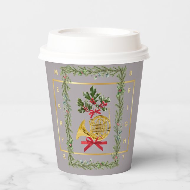 Vasos De Papel Elegant French Horn Christmas Taupe Paper Cup (Anverso)