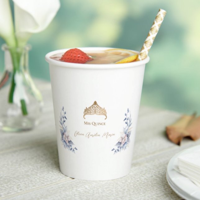 Vasos De Papel Elegant Gold Tiara Blue roses Quinceañera (Subido por el creador)